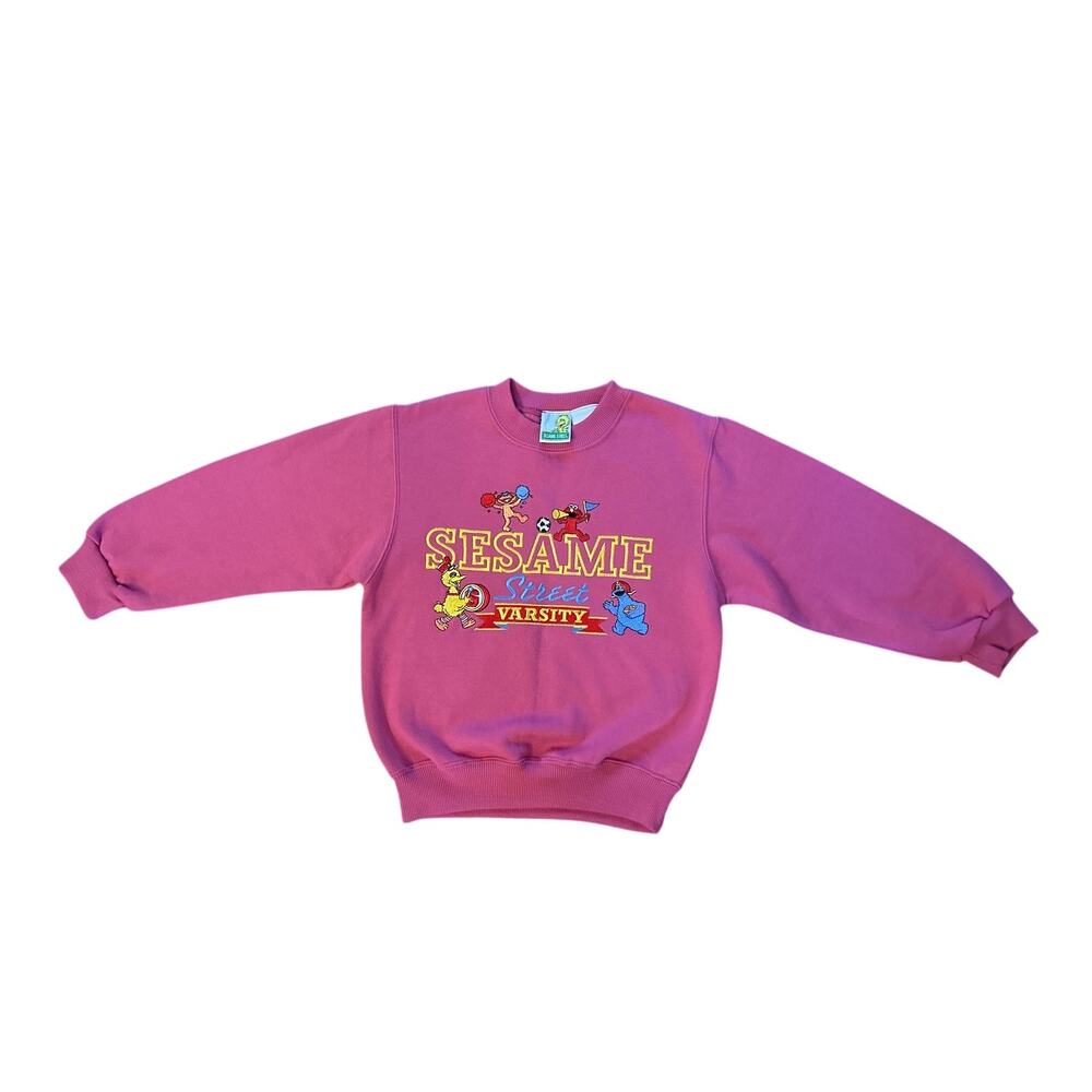 Vintage Kids 6 Sesame Street Jim Henson Varsity Graphic Sweatshirt Pink Retro